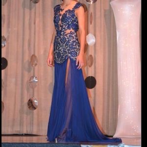 Mac Duggal Blue Lace Prom/Pageant Gown